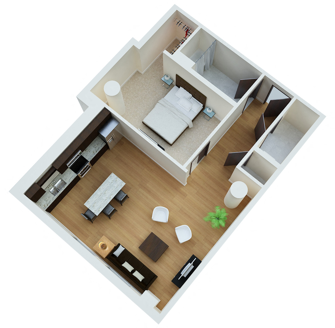 Floor plan for 1 bed, 1 bath, 891 sqft